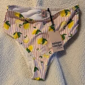 Unique Vintage Lemon Print Bikini Bottom with Pink Stripes
